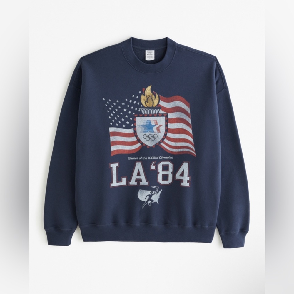 NWT A&F Olympics Graphic Crew Sweatshirt, LA ‘84 • Navy Blue • XS, unisex sizing